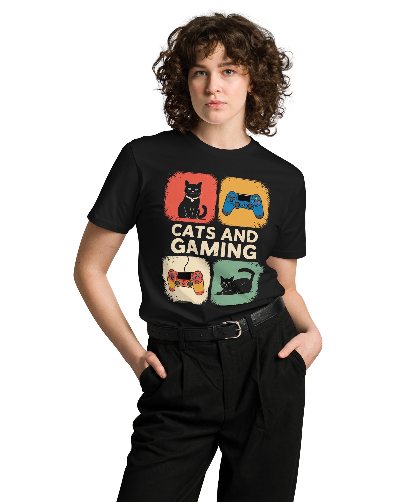 Cats and Gaming Funny Unisex Premium Cotton T-Shirt | Gallory Hive