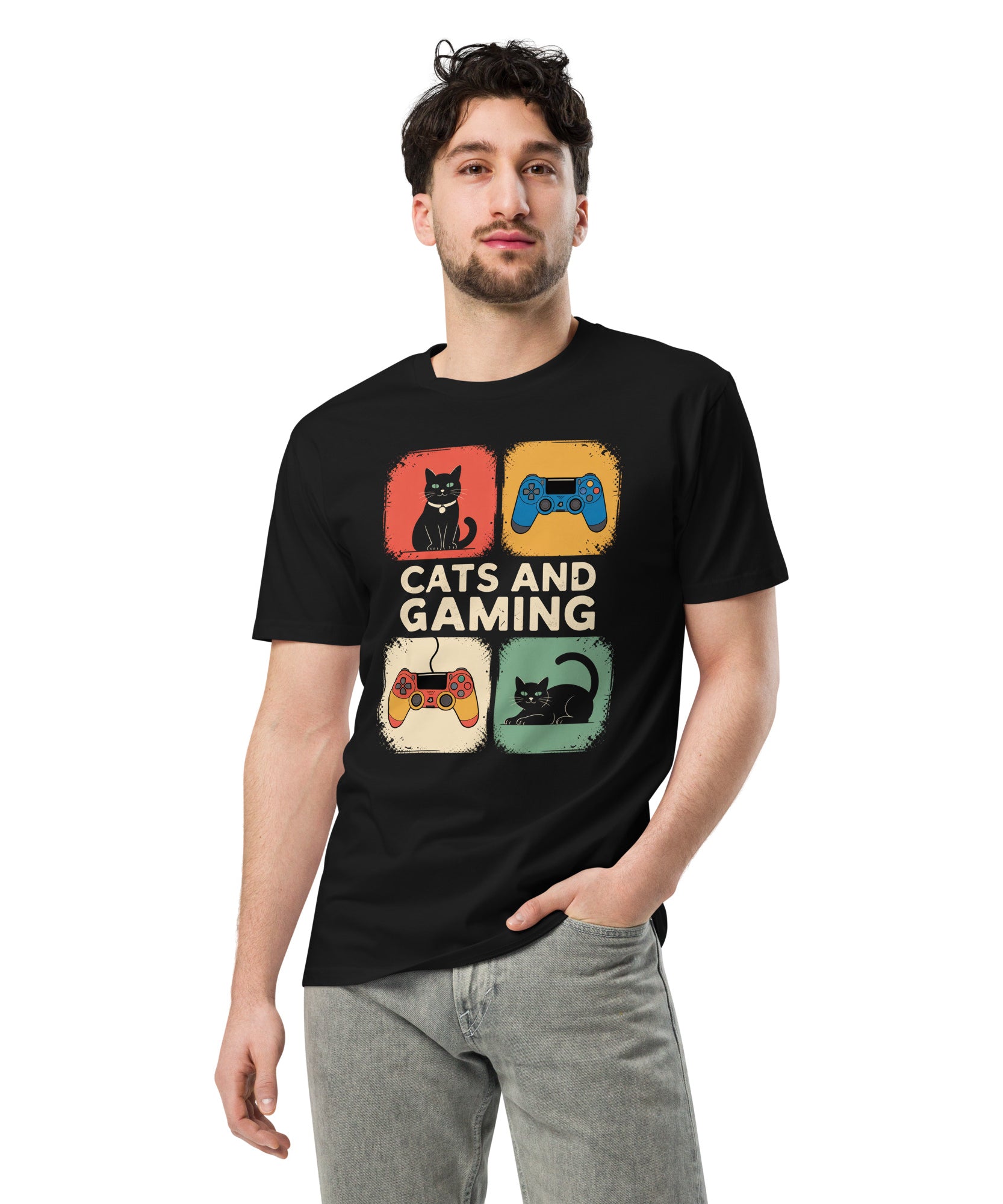 Cats and Gaming Funny Unisex Premium Cotton T-Shirt | Gallory Hive