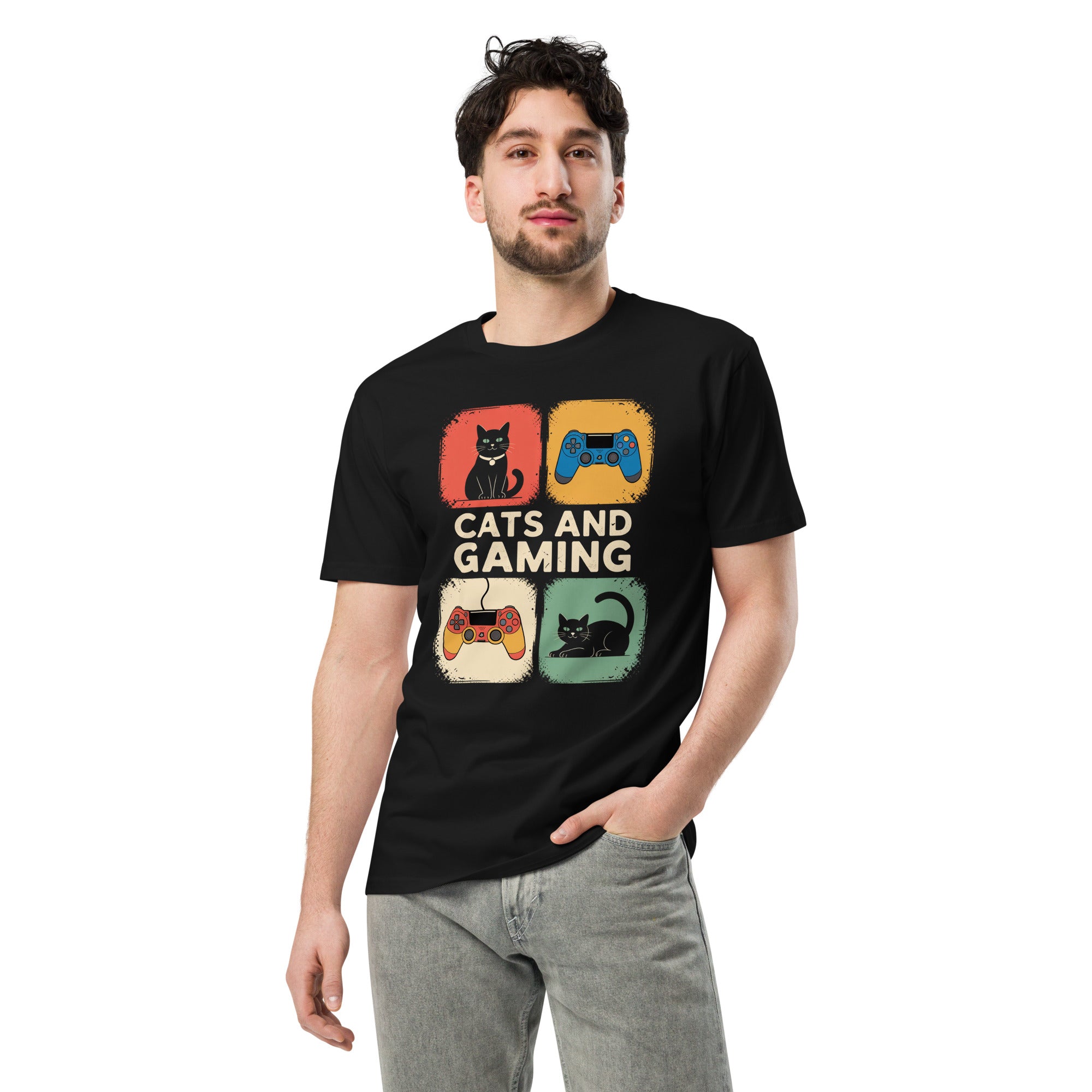 Cats and Gaming Funny Unisex Premium Cotton T-Shirt | Gallory Hive