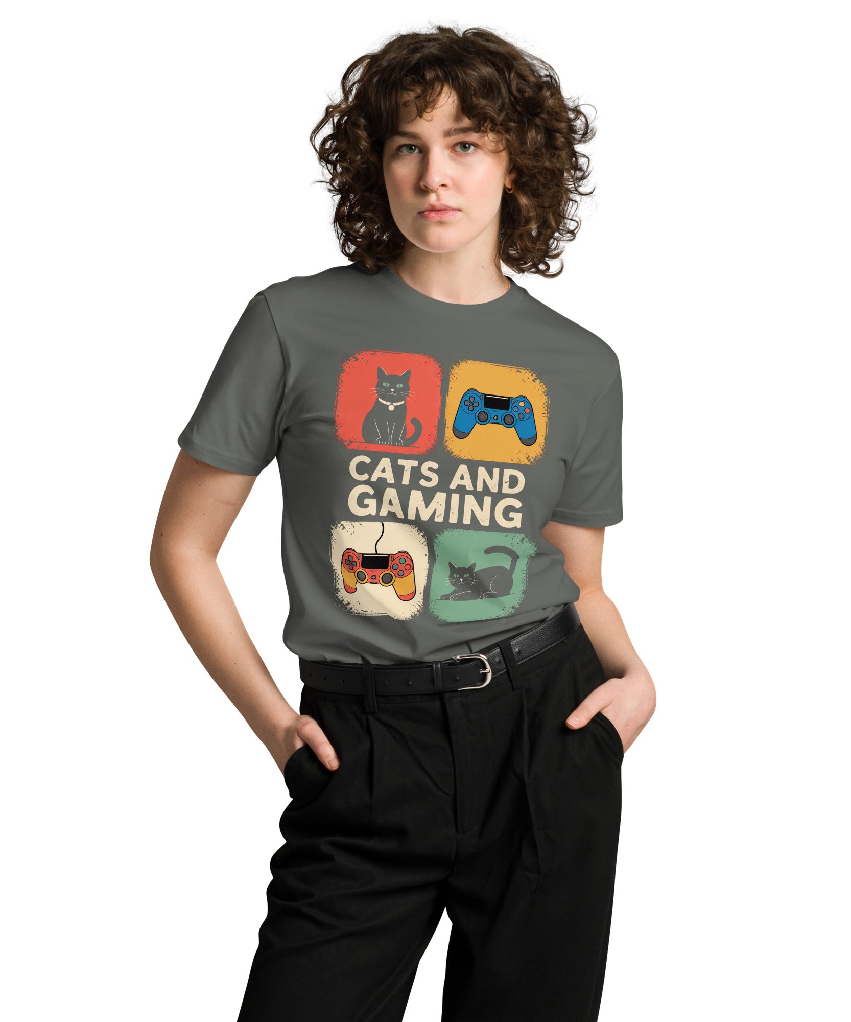 Cats and Gaming Funny Unisex Premium Cotton T-Shirt | Gallory Hive
