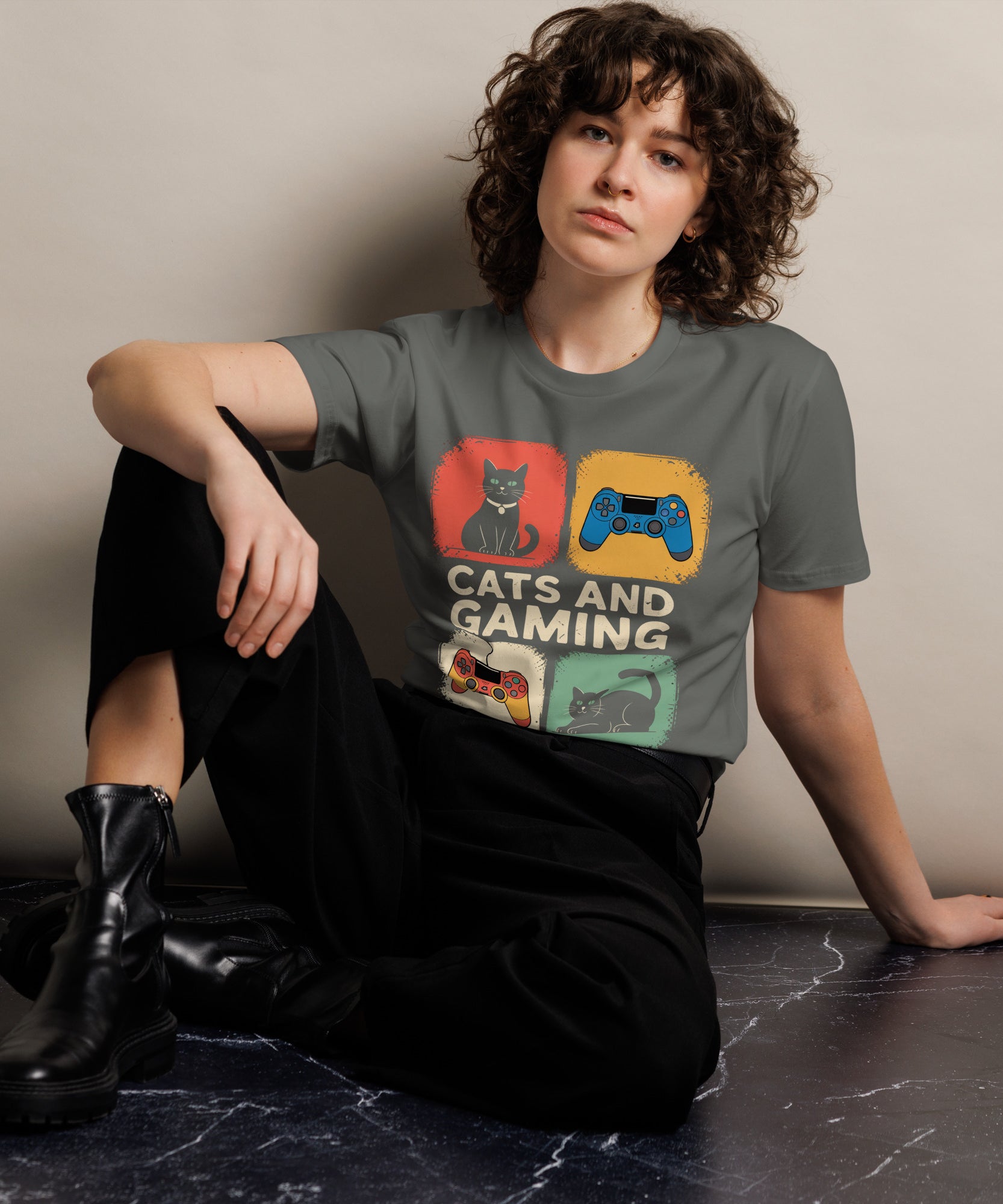 Cats and Gaming Funny Unisex Premium Cotton T-Shirt | Gallory Hive