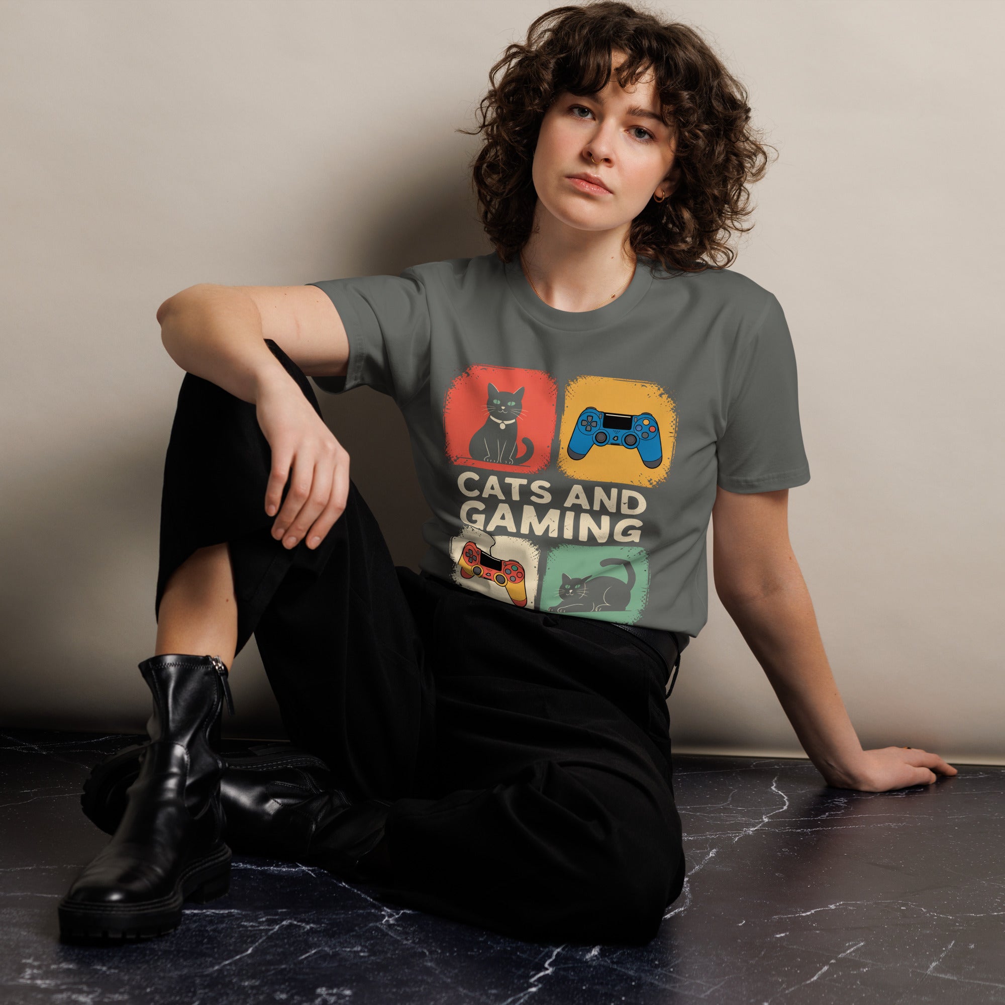 Cats and Gaming Funny Unisex Premium Cotton T-Shirt | Gallory Hive
