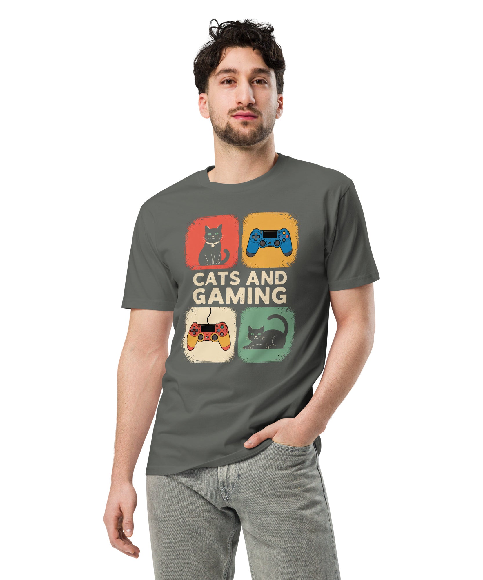 Cats and Gaming Funny Unisex Premium Cotton T-Shirt | Gallory Hive