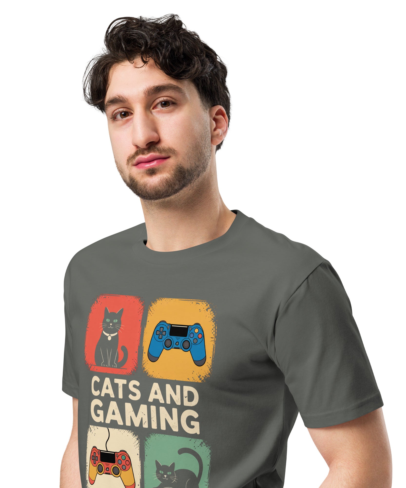 Cats and Gaming Funny Unisex Premium Cotton T-Shirt | Gallory Hive