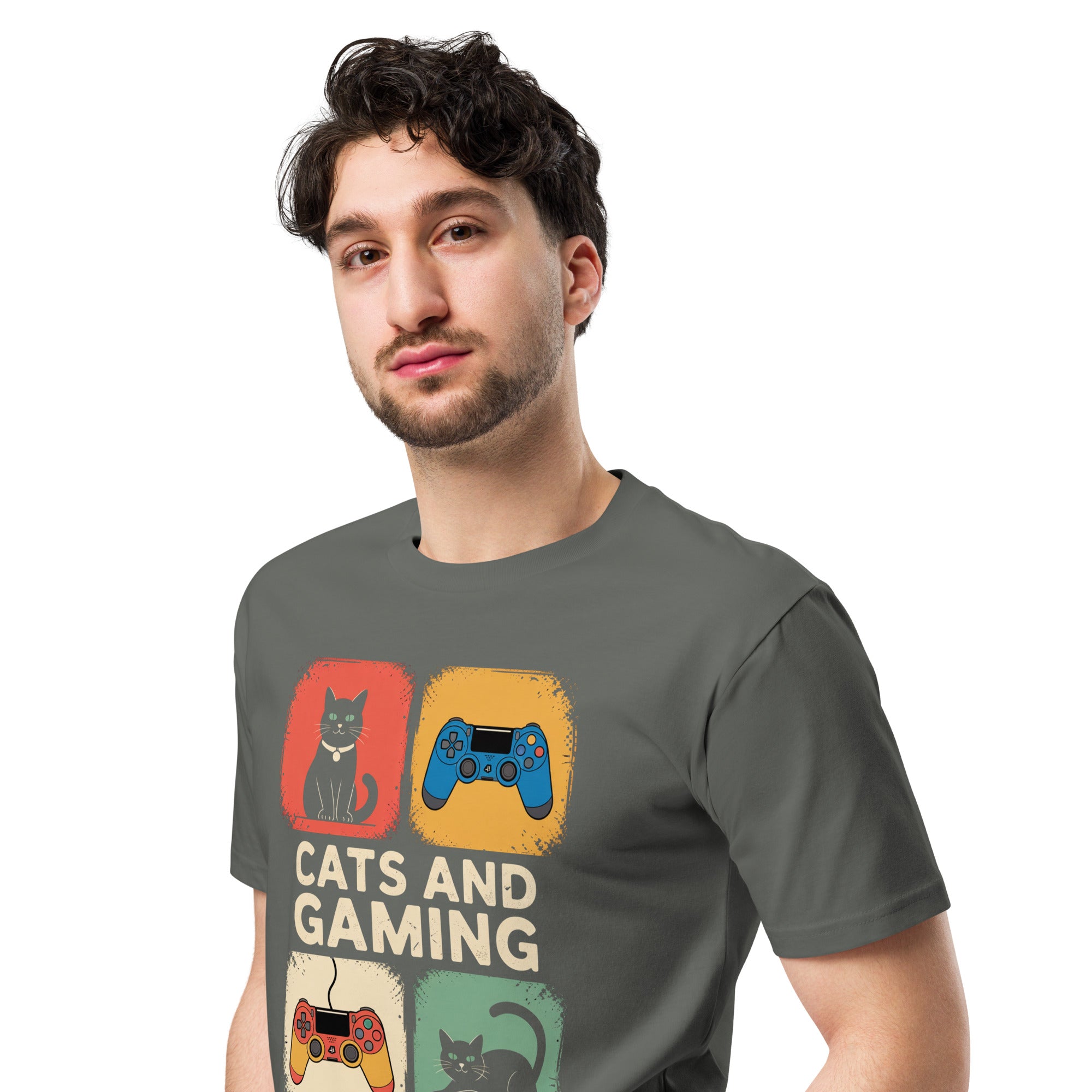 Cats and Gaming Funny Unisex Premium Cotton T-Shirt | Gallory Hive