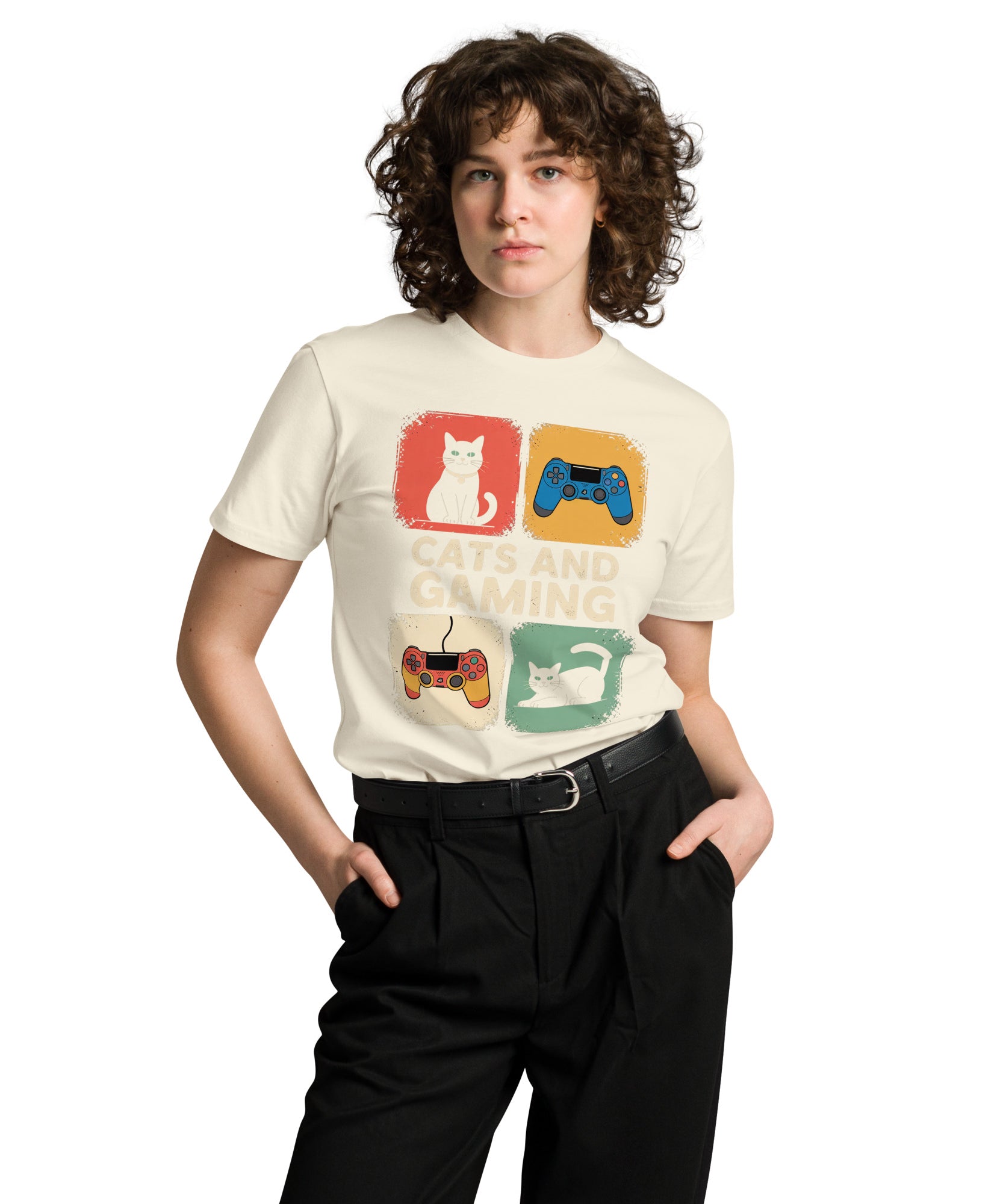 Cats and Gaming Funny Unisex Premium Cotton T-Shirt | Gallory Hive