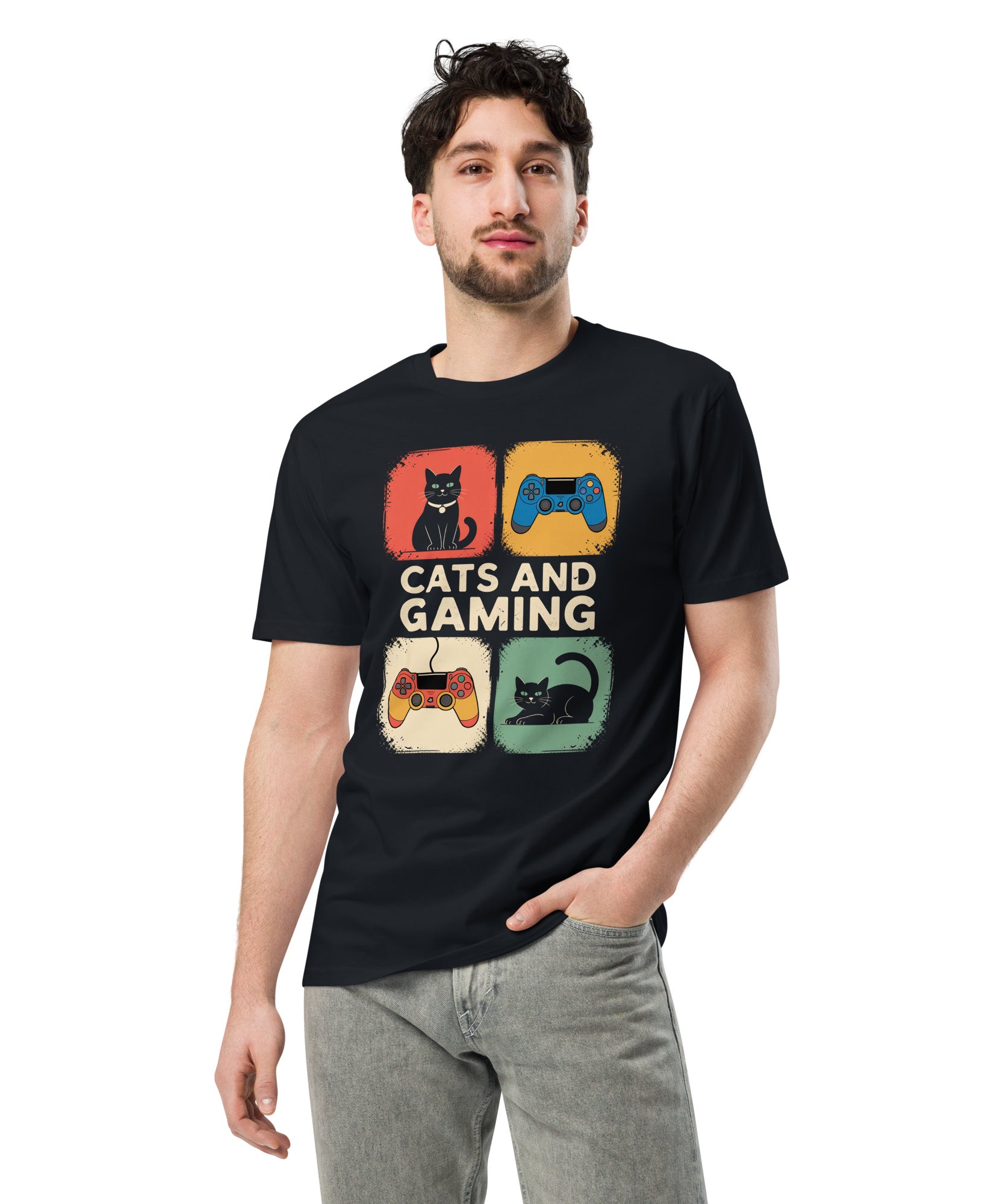 Cats and Gaming Funny Unisex Premium Cotton T-Shirt | Gallory Hive