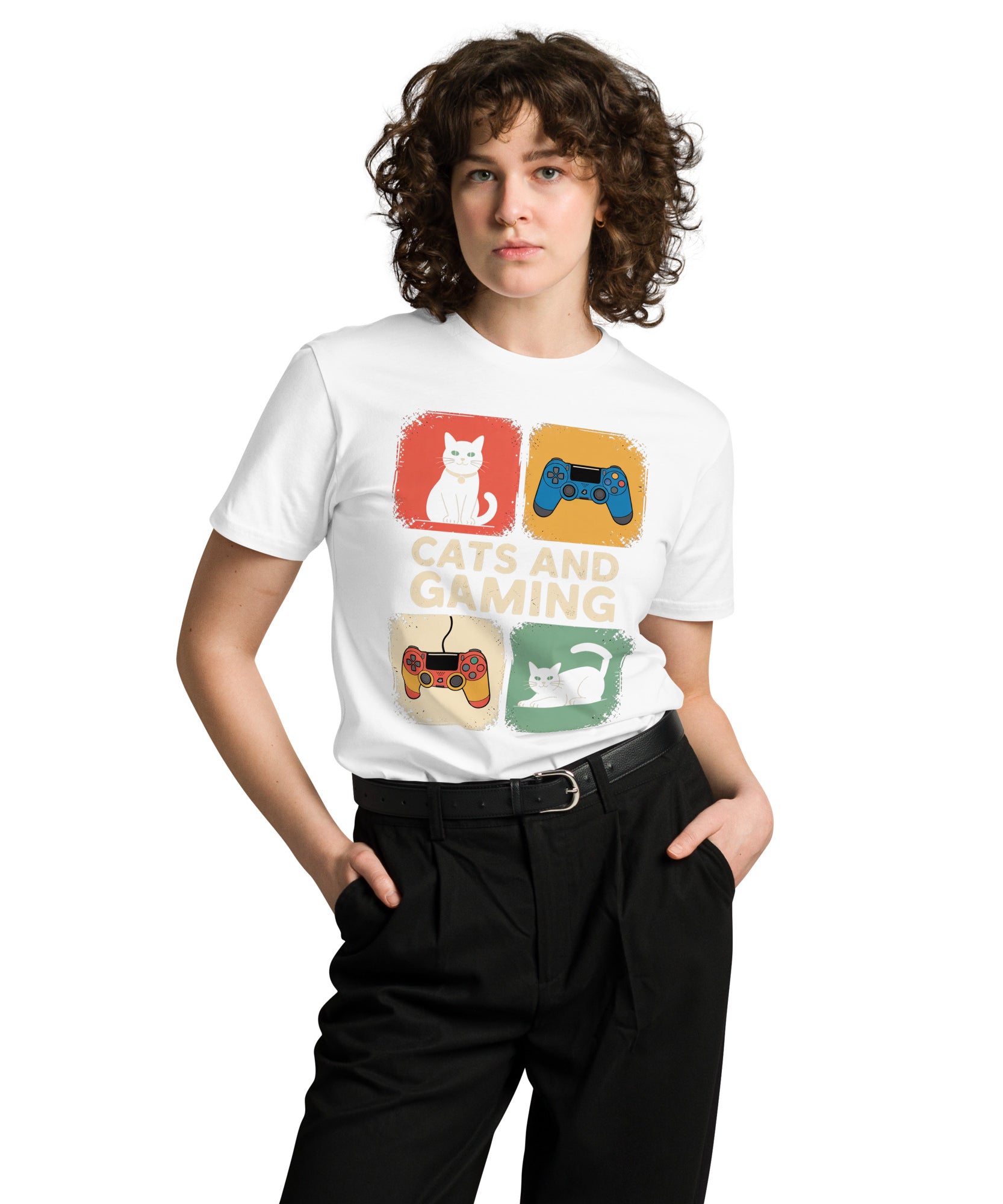 Cats and Gaming Funny Unisex Premium Cotton T-Shirt | Gallory Hive