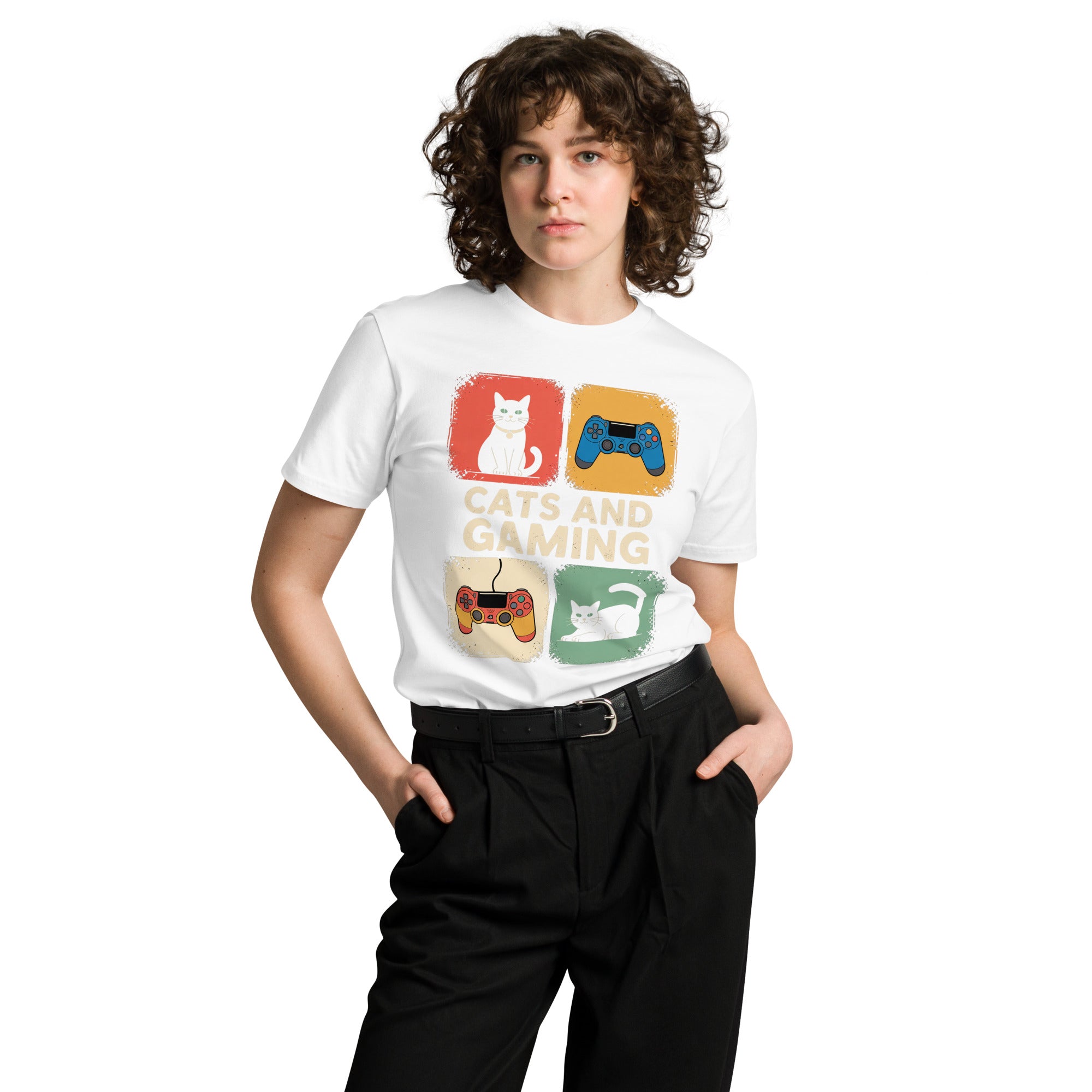 Cats and Gaming Funny Unisex Premium Cotton T-Shirt | Gallory Hive