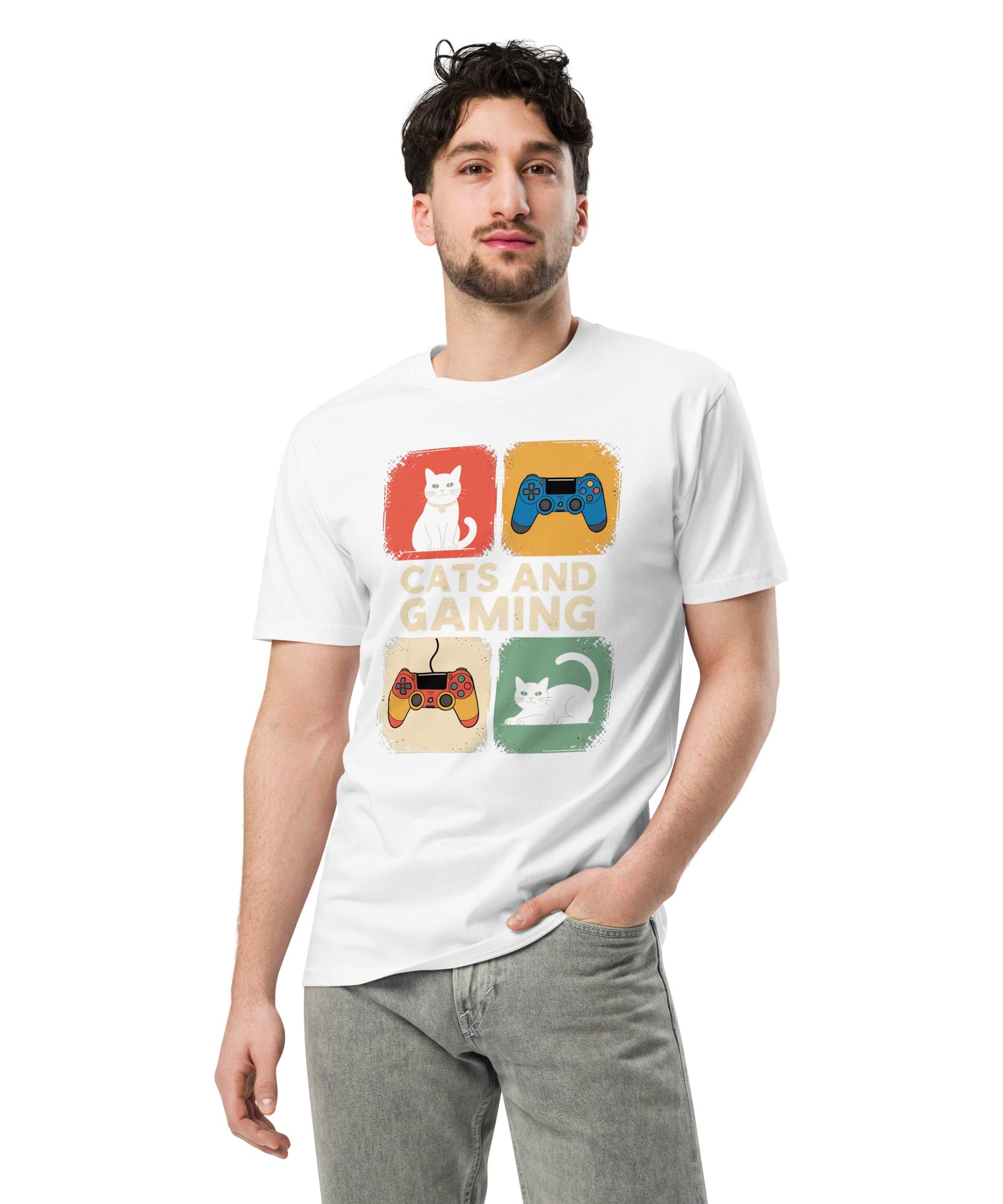 Cats and Gaming Funny Unisex Premium Cotton T-Shirt | Gallory Hive